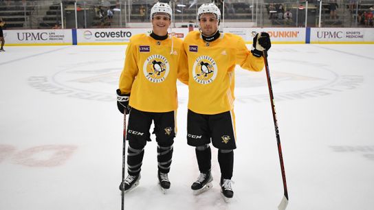 Lucas (left) and Ryan (right) St. Louis in the Penguins' development camp this summer in Cranberry, Pa.